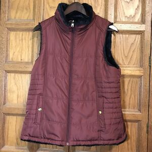 KC Collections Women’s XL Burgundy & Black Reversible Quilted Vest Faux Fur Zip